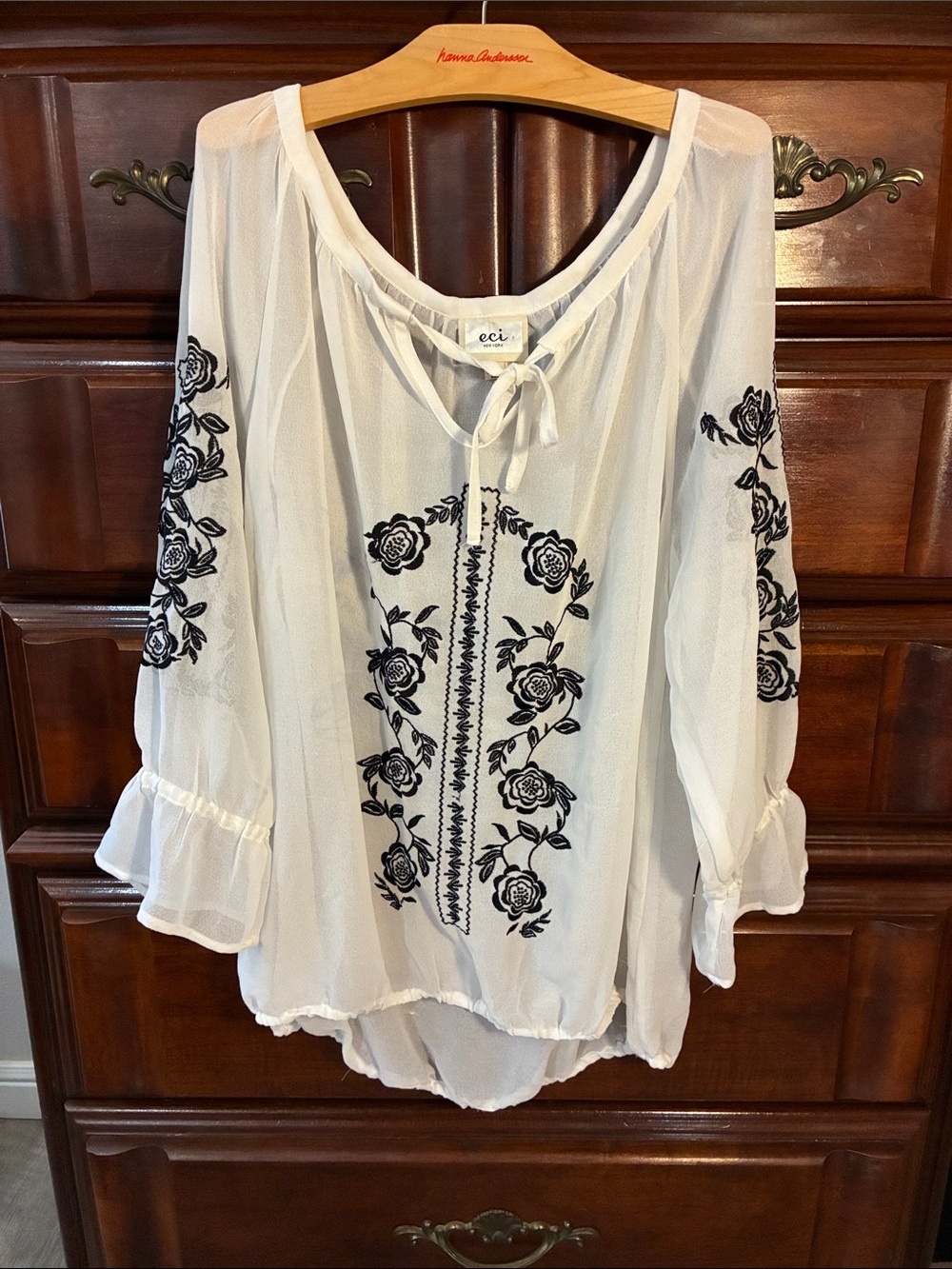 ECI New York Embroidered Peasant Blouse White Black Floral Sheer Long Sleeve